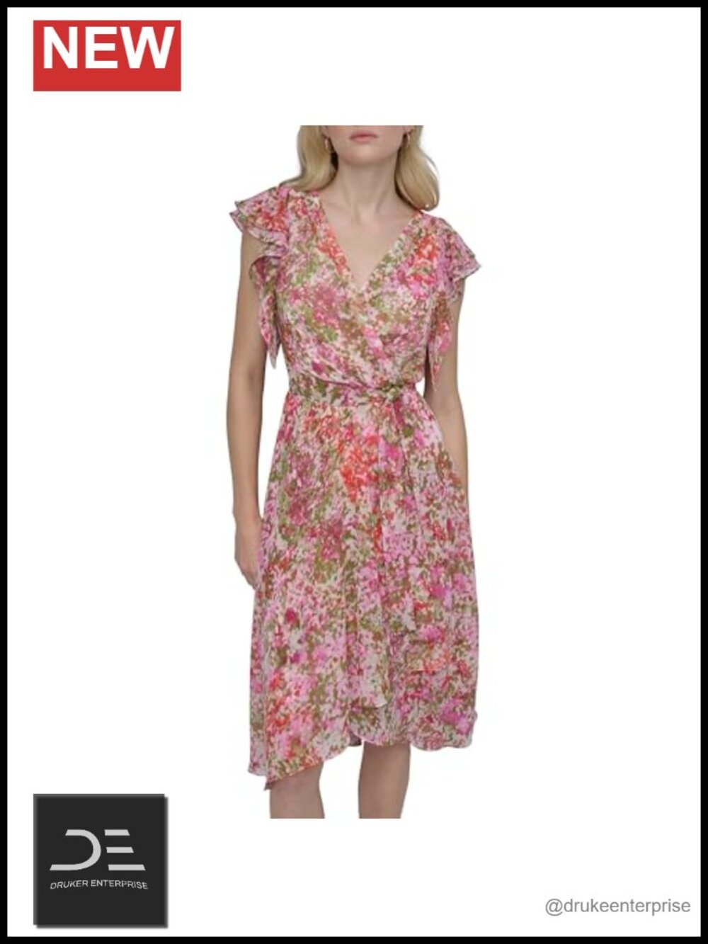 DKNY Women's Short Flutter Sleeve Surplice Neck Faux Wrap Dress